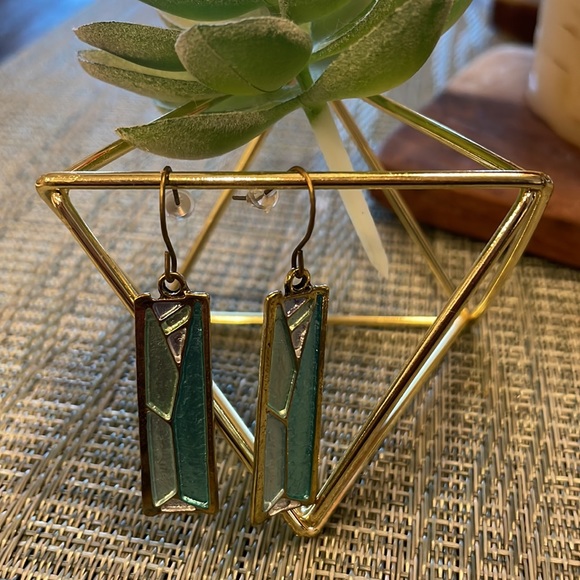 #149 Boho Rectangle Turquoise Drop Earrings - Picture 3 of 6